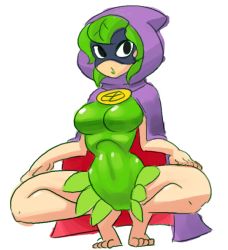 Rule 34 | 1girl, barefoot, black eyes, breasts, cloak, green leotard, green lips, green shadow, hood, large breasts, leotard, looking at viewer, mask, minuspal, monster girl, open mouth, plant girl, plants vs zombies, purple cloak, spread legs, white background