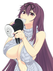 Rule 34 | 1girl, 3dio, bare shoulders, biting, breasts, center opening, cleavage, ear biting, highres, holding, large breasts, long hair, looking at viewer, mouth hold, murasaki (senran kagura), nail polish, purple eyes, purple hair, purple nails, senran kagura, solo, standing, sweater, turtleneck, turtleneck sweater, upper body, white background