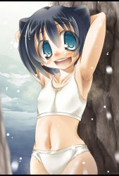 Rule 34 | &uuml;＠0/22, armpits, arms behind head, arms up, blue eyes, blue hair, breasts, flat chest, highres, looking at viewer, navel, original, short hair, small breasts, smell, smile, stain, sweat, sweat stain, underwear