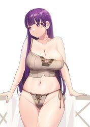 Rule 34 | 1girl, blunt bangs, breasts, camisole, collarbone, covered erect nipples, facing viewer, fern (sousou no frieren), highres, huge breasts, long hair, looking to the side, navel, panties, purple eyes, purple hair, shiroi ume, side-tie panties, simple background, solo, sousou no frieren, stomach, strap slip, underwear, very long hair, white background