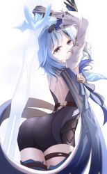 Rule 34 | 1girl, artist request, ass, bare shoulders, blue hair, breasts, cape, detached sleeves, eula (genshin impact), from behind, genshin impact, gloves, highres, long hair, looking at viewer, shiny clothes, short shorts, shorts, sideboob, solo, sword, thighhighs, unitard, weapon