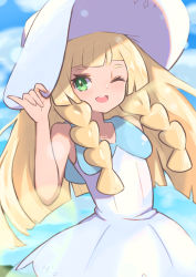 Rule 34 | 1girl, blonde hair, blush, braid, commentary request, creatures (company), day, dress, eyelashes, game freak, green eyes, hand on headwear, hand up, hat, highres, lens flare, lillie (pokemon), long hair, looking to the side, nintendo, nuneno, one eye closed, open mouth, outdoors, pokemon, pokemon sm, sleeveless, sleeveless dress, solo, sun hat, teeth, white dress, white hat