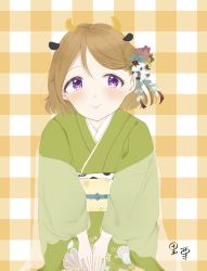 Rule 34 | 1girl, absurdres, animal ears, artist name, artist request, blush, brown hair, chatte sato, checkered background, female focus, floral print, flower print, green kimono, hair between eyes, highres, japanese clothes, kimono, koizumi hanayo, love live!, love live! school idol project, parted lips, purple eyes, short hair, smile, solo