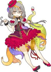 Rule 34 | 1girl, brave sword x blaze soul, cup, dress, drinking glass, full body, hat, high heels, living clothes, long hair, mini hat, mota, necronomicon (brave sword x blaze soul), official art, scrunchie, short dress, grey eyes, silver hair, simple background, solo, tentacles, twintails, white background, wine glass, wrist scrunchie