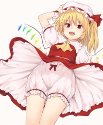 Rule 34 | 1girl, :d, arm up, ascot, blonde hair, bloomers, bow, bow bloomers, breasts, commentary request, cowboy shot, crystal, dutch angle, fangs, flandre scarlet, frilled shirt collar, frills, from below, grey background, hair between eyes, hair tie, hand on headwear, hat, hat ribbon, highres, long hair, looking at viewer, miyo (ranthath), mob cap, one side up, open mouth, petticoat, puffy short sleeves, puffy sleeves, red bow, red eyes, red ribbon, red skirt, red vest, ribbon, shirt, short sleeves, simple background, skirt, skirt set, small breasts, smile, solo, standing, thighs, touhou, underwear, vest, white bloomers, white hat, white shirt, wings, wristband, yellow ascot