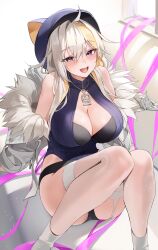 Rule 34 | 1girl, :d, absurdres, ahoge, bare shoulders, black bra, black shorts, blonde hair, blue hat, blue sweater, blurry, blurry background, blush, bra, breasts, choyeon, cleavage, cleavage cutout, clothing cutout, commentary request, fur-trimmed jacket, fur trim, garter straps, hat, highres, jacket, jewelry, korean commentary, large breasts, light particles, long hair, long sleeves, looking at viewer, micro shorts, multicolored hair, necklace, never bite, off shoulder, open clothes, open jacket, open mouth, original, purple eyes, ribbed sweater, shorts, smile, solo, sweater, thighhighs, two-tone hair, underwear, virtual youtuber, white footwear, white hair, white jacket, white thighhighs, window