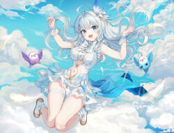 Rule 34 | 1girl, absurdres, ahoge, bird, blue eyes, blue sky, bow, bowtie, braid, breasts, brooch, center frills, character request, clothing cutout, cloud, cloudy sky, day, dress, floating, floating hair, frilled dress, frills, full body, hands up, highres, indie virtual youtuber, jewelry, knees together feet apart, long hair, medium breasts, navel, navel cutout, outdoors, pleated dress, raised eyebrows, sample watermark, short dress, sidelocks, sky, sleeveless, sleeveless dress, solo, thick thighs, thigh gap, thigh strap, thighs, virtual youtuber, watermark, white bow, white bowtie, white dress, white hair, wrist cuffs, ziyue