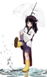 Rule 34 | 1girl, ahoge, black hair, boots, commentary request, headgear, highres, holding, holding umbrella, japanese clothes, kimono, lamb (hitsujiniku), long hair, long sleeves, parted lips, pleated skirt, puddle, purple skirt, red eyes, reflection, ripples, rubber boots, shoe soles, simple background, skirt, solo, splashing, standing, standing on one leg, touhoku kiritan, transparent, transparent umbrella, umbrella, voiceroid, water, white background, white kimono, wide sleeves, yellow footwear