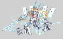 Rule 34 | 1girl, animal ears, armor, armored legwear, artery gear, artery gear: fusion, belt, blonde hair, blue eyes, breastplate, chain, dress, electricity, fake animal ears, grey background, hair between eyes, helm, helmet, highres, holding, holding polearm, holding shield, holding weapon, humanoid robot, jessie (artery gear), long hair, micro panties, midriff, navel, observerz, official art, open mouth, panties, pink dress, polearm, rabbit ears, robot, see-through, shield, underwear, weapon, white panties