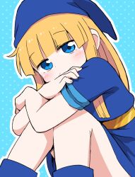 Rule 34 | 1girl, blonde hair, blue background, blue eyes, blue footwear, blue robe, blush, crossed arms, dokan (dkn), dot nose, hat, hugging own legs, light frown, long hair, madou monogatari, puyopuyo, robe, sitting, solo, witch, witch (puyopuyo), witch hat