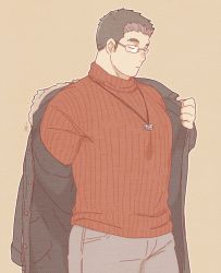 Rule 34 | 1boy, alternate costume, bara, brown pants, casual, coat, cowboy shot, closed eyes, glasses, jewelry, kaniharu, large pectorals, male focus, muscular, muscular male, necklace, open clothes, open coat, orange sweater, pants, pectorals, motoori shiro, short hair, sideburns, solo, sweater, thick thighs, thighs, tokyo houkago summoners, undressing, winter clothes