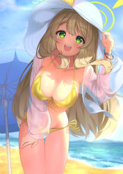 Rule 34 | 1girl, absurdres, beach, bikini, blonde hair, blue archive, bracelet, breasts, cleavage, day, graynacht, green eyes, halo, hat, highres, jewelry, long hair, long sleeves, looking at viewer, nonomi (blue archive), ocean, open mouth, sand, see-through, smile, solo, sun hat, swimsuit, teeth, thighs, umbrella, upper teeth only, yellow bikini