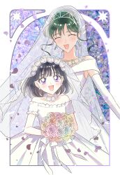 Rule 34 | 2girls, :d, absurdres, alternate hairstyle, bare shoulders, bishoujo senshi sailor moon, black hair, blush, bouquet, bow, bridal veil, closed eyes, collarbone, dress, earrings, elbow gloves, facing viewer, flower, flower necklace, gloves, green hair, hair flower, hair ornament, highres, holding, holding bouquet, jewelry, looking at viewer, loveodoro, meiou setsuna, multicolored flower, multicolored rose, multiple girls, necklace, open mouth, purple background, purple eyes, purple petals, rose, short hair, smile, tomoe hotaru, veil, wedding dress, white bow, white dress, white flower, white gloves, white rose