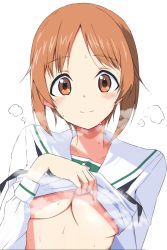 Rule 34 | 1girl, blouse, blush, breasts, brown eyes, brown hair, closed mouth, clothes lift, commentary, girls und panzer, lifting own clothes, long sleeves, looking at viewer, medium breasts, neckerchief, nishizumi miho, no bra, ooarai school uniform, sailor collar, school uniform, serafuku, shirt, shirt lift, short hair, simple background, smile, solo, steam, sweat, tsuru (tsubasa1993621), upper body, white background, white sailor collar, white shirt