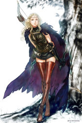 Rule 34 | 1girl, 2012, arms behind back, arrow (projectile), artist name, belt, black gloves, black skirt, blonde hair, boots, bow (weapon), braid, breasts, brown belt, cape, circlet, crossed legs, dagger, dragon&#039;s dogma, dragon&#039;s dogma (series), elbow gloves, feathered cape, fingerless gloves, french braid, full body, gloves, hand on own arm, holding, holding dagger, holding knife, holding weapon, knife, leaf, leaning forward, light blue eyes, long hair, long legs, looking at viewer, medium breasts, miniskirt, multiple belts, parted lips, pawn (dragon&#039;s dogma), red footwear, simple background, single fingerless glove, skirt, sleeveless, solo, standing, thigh boots, thighhighs, tree, turtleneck, watson cross, weapon, white background, wolfina, zettai ryouiki