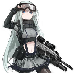 Rule 34 | 1girl, ammunition pouch, blue eyes, clothing cutout, cowboy shot, cz-805, cz-805 (girls&#039; frontline), cz 805 bren, fingerless gloves, girls&#039; frontline, gloves, goggles, goggles on head, grey hair, grey skirt, gun, hand on goggles, holding, holding weapon, long hair, looking at viewer, miniskirt, navel, navel cutout, pantyhose, pouch, rampart1028, rifle, sidelocks, simple background, skirt, solo, weapon, white background