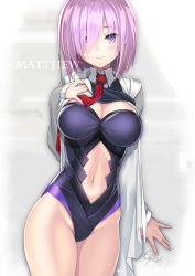 Rule 34 | 1girl, armor, artist request, black dress, blush, breasts, cameltoe, character name, cleavage, closed mouth, clothes lift, coffee cat, collared shirt, contrapposto, cowboy shot, dress, dress lift, fate/grand order, fate (series), grey background, grey jacket, groin, hair over one eye, highleg, highleg leotard, hip bones, hood, hood down, hooded jacket, jacket, large breasts, leotard, lipstick, long sleeves, looking at viewer, makeup, mash kyrielight, medium breasts, navel, necktie, open clothes, open jacket, purple eyes, purple hair, purple lips, red necktie, shirt, short hair, signature, skin tight, smile, solo, sparkle, standing, stomach, white shirt, ||/