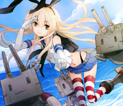 Rule 34 | 10s, 1girl, blonde hair, blue eyes, gloves, highres, kantai collection, lifebuoy, long hair, pointing, q-chiang, rensouhou-chan, sailor collar, shimakaze (kancolle), skirt, smile, solo, striped clothes, striped thighhighs, swim ring, thighhighs