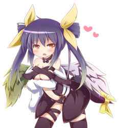 Rule 34 | 1girl, arc system works, asymmetrical wings, blue hair, blush, bow, breasts, cleavage, detached sleeves, dizzy (guilty gear), guilty gear, hair bow, heart, large breasts, navel, open mouth, red eyes, ribbon, solo, tail, tail ornament, tail ribbon, thighhighs, torichiyo, twintails, wings
