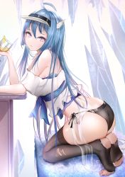 Rule 34 | + +, 1girl, absurdres, ahoge, ass, azur lane, bare shoulders, bikini, bikini bottom only, black bikini, black thighhighs, blue hair, butt crack, crop top, cup, from side, grey thighhighs, helena (azur lane), highres, holding, holding cup, kayjae, long hair, looking at viewer, looking to the side, no pants, off shoulder, parted lips, pink eyes, shirt, side-tie bikini bottom, solo, stirrup legwear, string bikini, swimsuit, symbol-shaped pupils, thighhighs, thighs, toeless legwear, torn clothes, torn thighhighs, very long hair, visor cap, white shirt
