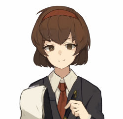Rule 34 | 1girl, blouse, brown eyes, brown hair, closed mouth, collared shirt, facing viewer, hairband, highres, holding, holding pen, lobotomy corporation, looking at viewer, malkuth (project moon), necktie, pen, project moon, red hairband, red necktie, shirt, short hair, simple background, smile, solo, split mouth, uina, upper body, white background, white shirt