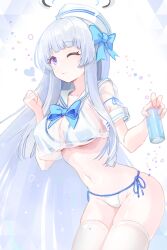 Rule 34 | 1girl, alternate costume, blue archive, blue bow, bow, breasts, closed mouth, dano, drink, hair over shoulder, halo, hands up, hat, heart, holding, holding drink, large breasts, long hair, navel, noa (blue archive), one eye closed, purple eyes, sailor, see-through, see-through shirt, shirt, short sleeves, smile, solo, stomach, swimsuit, thighhighs, very long hair, white background, white hair, white hat