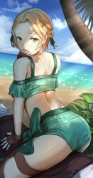 Rule 34 | 1girl, ass, backboob, bare shoulders, bikini, black gloves, blonde hair, blue sky, bow, breasts, cloud, covering own mouth, day, female focus, fingerless gloves, fire emblem, fire emblem: three houses, fire emblem heroes, gloves, green bikini, green bow, green eyes, green shorts, hand over own mouth, ingrid brandl galatea, ingrid brandl galatea (summer), ippers, medium breasts, nintendo, ocean, off-shoulder bikini, off shoulder, official alternate costume, outdoors, short shorts, short sleeves, shorts, sitting, sky, solo, swimsuit, thighs, water