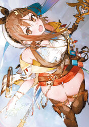 Rule 34 | 1girl, atelier (series), atelier ryza, atelier ryza 3, belt, beret, breasts, brown eyes, brown hair, gloves, hair ornament, hairclip, hat, highres, looking at viewer, medium breasts, official art, open mouth, reisalin stout, shiny skin, shorts, single glove, toridamono