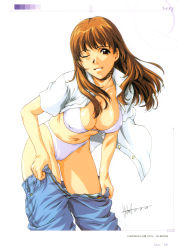 Rule 34 | 1girl, absurdres, bra, breasts, brown eyes, brown hair, cleavage, denim, highres, horibe hiderou, jeans, large breasts, lingerie, midriff, navel, one eye closed, open clothes, open shirt, original, panties, pants, shirt, simple background, solo, underwear, undressing, wink, yours (art book)
