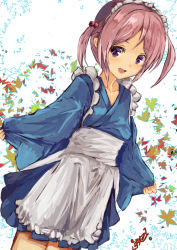 Rule 34 | 1girl, :d, alternate costume, apron, blue kimono, dutch angle, enmaided, hair bobbles, hair ornament, japanese clothes, kantai collection, kimono, looking at viewer, maid, maid apron, maid headdress, one-hour drawing challenge, open mouth, pink hair, purple eyes, sazanami (kancolle), short hair, smile, solo, twintails, wa maid, yanagi wakana