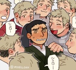 Rule 34 | 6+boys, :3, @ @, armor, artist name, black eyes, black hair, blonde hair, bracer, clone harem, closed eyes, closed mouth, dungeon meshi, facing another, flustered, green kimono, grey background, hand on another&#039;s shoulder, japanese clothes, kimono, laios touden, lokh, long hair, looking at another, male focus, multiple boys, open mouth, ponytail, short hair, shurou, simple background, smile, speech bubble, translation request, twitter username, undercut, very short hair, yaoi
