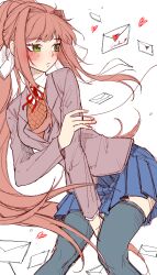 Rule 34 | 1girl, absurdres, black thighhighs, blazer, blue skirt, blush, bow, brown hair, brown jacket, brown sweater vest, collared shirt, doki doki literature club, frown, green eyes, hand on own arm, heart, highres, jacket, letter, long hair, long sleeves, looking to the side, love letter, monika (doki doki literature club), over-kneehighs, red ribbon, ribbon, school uniform, senukin, shirt, skirt, sweater vest, thighhighs, very long hair, white background, white bow, white shirt, wind