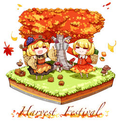 Rule 34 | 2girls, :3, :d, = =, acorn, aki minoriko, aki shizuha, autumn, autumn leaves, backpack, bag, barefoot, basket, blonde hair, blush, blush stickers, bow, bowtie, burr, chestnut, chibi, dress, english text, food, food on head, fruit, fruit on head, grapes, grass, hair ornament, kashuu (b-q), leaf hair ornament, multiple girls, mushroom, o o, object on head, open mouth, persimmon, short hair, siblings, sisters, smile, sweet potato, touhou, tree, wide sleeves