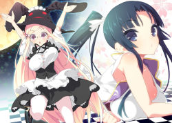 Rule 34 | 10s, 2girls, :&lt;, apron, arms up, blue eyes, blue hair, breasts, glasses, hair ornament, hat, huge breasts, kibitsu momoko, long hair, maid, maid apron, majolica le fay, multiple girls, ookami-san, outstretched arms, pink hair, ponytail, purple eyes, show (rinnetenshow), very long hair, witch hat