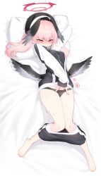 Rule 34 | 1girl, barefoot, beret, black hat, black jacket, black panties, black shorts, black wings, blue archive, blush, breasts, clothes pull, commentary request, covered mouth, dev (dev0614), feathered wings, female masturbation, full body, halo, hat, head wings, heart, jacket, knees together feet apart, koharu (blue archive), long hair, long sleeves, looking down, low wings, lying, masturbation, motion lines, on back, on bed, panties, pillow, pillow grab, pink eyes, pink hair, shorts, shorts pull, small breasts, solo, sweat, twintails, twitching, underwear, white background, wings