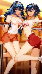 Rule 34 | 2girls, abs, arm around waist, bare legs, beer mug, blue eyes, blue hair, blurry, blurry background, breasts, cleavage, closed mouth, cluseller, commission, covered navel, cross-laced footwear, cup, dual persona, feet out of frame, fire emblem, fire emblem awakening, food, foot out of frame, hair between eyes, highres, holding, holding tray, hooters, long hair, looking at viewer, lucina (fire emblem), marth (fire emblem awakening), medium breasts, meme, mirrored text, mug, multiple girls, navel, nintendo, open mouth, orange shorts, outback steakhouse, red shorts, serving, shirt, shoes, short hair, short shorts, shorts, skeb commission, sleeveless, sleeveless shirt, small breasts, smile, sneakers, standing, standing on one leg, stomach, tank top, taut clothes, thighs, tiara, tied shirt, tight clothes, tray, waitress, white footwear, white shirt, white tank top