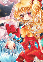 Rule 34 | 2girls, ascot, bat wings, black wings, blonde hair, blue brooch, blue hair, brooch, collared shirt, crystal, flandre scarlet, jewelry, looking at another, looking at viewer, marker (medium), medium hair, mizame, multicolored wings, multiple girls, no headwear, open mouth, pink shirt, pink skirt, puffy short sleeves, puffy sleeves, red ascot, red eyes, red skirt, red vest, remilia scarlet, shirt, short sleeves, siblings, sisters, skirt, skirt set, touhou, traditional media, upside-down, vest, white shirt, wings, yellow ascot