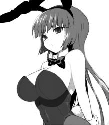 Rule 34 | 1990s (style), 1girl, animal ears, arms behind back, bow, bowtie, breasts, cleavage, creatures (company), detached collar, fake animal ears, game freak, greyscale, gym leader, hime cut, hizuki akira, large breasts, leotard, long hair, monochrome, nintendo, pantyhose, playboy bunny, pokemon, pokemon rgby, rabbit ears, rabbit tail, retro artstyle, sabrina (pokemon), solo, tail
