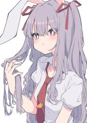 Rule 34 | 1girl, alternate hairstyle, animal ears, bright pupils, carrot pin, closed mouth, collared shirt, hair ribbon, hand in own hair, highres, long hair, looking at viewer, necktie, pout, purple hair, rabbit ears, red eyes, red necktie, red ribbon, reisen udongein inaba, ribbon, shirt, short sleeves, simple background, solo, touhou, tsukimirin, two side up, upper body, white background, white pupils, white shirt