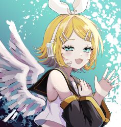 Rule 34 | 1girl, :d, bangs pinned back, black sailor collar, black sleeves, blonde hair, blue background, blue eyes, blush, bow, bow hairband, detached sleeves, feathered wings, from side, hair bow, hair ornament, hairband, hairpin, hand on own chest, headset, highres, kagamine rin, long sleeves, looking at viewer, microphone, naguno-0713, nail polish, neckerchief, open hand, open mouth, parted bangs, sailor collar, school uniform, serafuku, shirt, short hair, sidelocks, simple background, sleeveless, sleeveless shirt, smile, solo, upper body, vocaloid, waving, white bow, white shirt, white wings, wings, yellow nails, yellow neckerchief