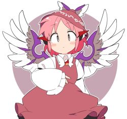 Rule 34 | 1girl, animal ears, bird ears, bird wings, brown dress, brown headwear, closed mouth, dress, grey eyes, ini (inunabe00), long sleeves, looking at viewer, mystia lorelei, pink hair, shirt, short hair, solo, standing, touhou, white shirt, white wings, wide sleeves, winged hat, wings