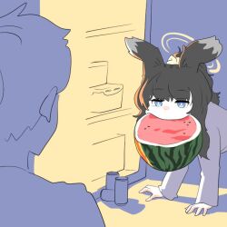 Rule 34 | 1girl, 1other, all fours, black hair, blue archive, blue eyes, can, commentary request, food, food in mouth, fruit, grey shirt, hair ornament, hair scrunchie, halo, hibiki (blue archive), korean commentary, long hair, long sleeves, mouth hold, nagune, ponytail, refrigerator, scrunchie, shirt, solo focus, watermelon, white scrunchie