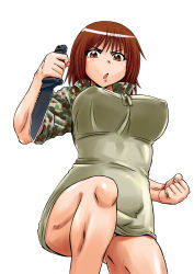 Rule 34 | 1girl, breasts, brown eyes, brown hair, camouflage, camouflage shirt, clenched hand, combat knife, commentary request, covered erect nipples, gate - jieitai ka no chi nite kaku tatakaeri, holding, holding knife, holding weapon, knife, kuribayashi shino, large breasts, naked shirt, reverse grip, sao satoru, shirt, sleeves pushed up, solo, taut clothes, taut shirt, weapon, white background, zipper pull tab