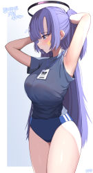 Rule 34 | absurdres, armpits, arms up, blue archive, blush, breasts, buruma, gym uniform, halo, highres, id card, kkato, large breasts, long hair, looking away, mouth hold, purple eyes, purple hair, simple background, star sticker, sticker on face, thighs, yuuka (blue archive), yuuka (track) (blue archive)