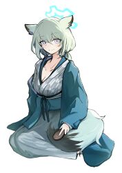 Rule 34 | 1girl, absurdres, animal ears, aqua hair, blue archive, blue eyes, blue nails, breasts, cleavage, closed mouth, collarbone, commentary request, grey kimono, hair between eyes, hair brush, halo, head tilt, highres, japanese clothes, kimono, looking at viewer, low twintails, medium breasts, medium hair, nail polish, obi, official alternate costume, sash, shigure (blue archive), shigure (hot spring) (blue archive), simple background, sitting, sky jio, smile, solo, tail, brushing tail, twintails, weasel ears, weasel girl, weasel tail, white background, yagasuri, yokozuwari