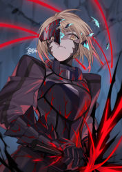 Rule 34 | 1girl, absurdres, armor, artoria pendragon (all), artoria pendragon (fate), aura, black armor, blonde hair, blurry, blurry background, broken, broken mask, closed mouth, crack, dark aura, dated, fate/grand order, fate/stay night, fate (series), frown, gauntlets, heaven&#039;s feel, highres, holding, holding sword, holding weapon, mask, nao (syn eaa), saber alter, short hair, signature, solo, sword, vambraces, weapon, yellow eyes