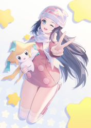 Rule 34 | 1girl, ;d, absurdres, beanie, black hair, blue eyes, boots, buttons, coat, commentary request, creatures (company), dawn (pokemon), eyelashes, game freak, gen 3 pokemon, hair ornament, hairclip, hat, highres, holding, holding pokemon, jirachi, kirby d a, legendary pokemon, long hair, long sleeves, looking at viewer, mythical pokemon, nintendo, one eye closed, open mouth, over-kneehighs, pink footwear, pokemon, pokemon (creature), pokemon dppt, pokemon platinum, sidelocks, smile, star (symbol), teeth, thighhighs, tongue, upper teeth only, v, white headwear, white thighhighs