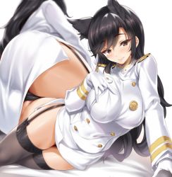 Rule 34 | 1girl, animal ears, ass, atago (azur lane), azur lane, bed sheet, black hair, black panties, black thighhighs, blush, breasts, brown eyes, buttons, cle masahiro, covered erect nipples, garter straps, gloves, hair ribbon, highres, impossible clothes, large breasts, lips, long hair, long sleeves, looking at viewer, military, military uniform, miniskirt, mole, mole under eye, multiple views, panties, pencil skirt, ribbon, side slit, skirt, smile, swept bangs, thigh gap, thighhighs, unbuttoning, underwear, uniform, white gloves, white ribbon, white skirt