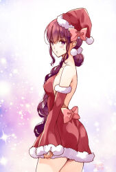 Rule 34 | 1girl, amano yuki (watashitachi wa koi wo shiranai), backless dress, backless outfit, bare shoulders, blush, bow, breasts, closed mouth, commentary request, covered erect nipples, cowboy shot, detached sleeves, dot mouth, dress, hair between eyes, hat, long hair, medium breasts, pink bow, red dress, santa dress, santa hat, short dress, sideboob, solo, sparkle background, standing, sweat, tinkle2013, very long hair, watashitachi wa koi wo shiranai