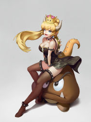 1girl, 1other, absurdres, bare shoulders, between legs, black leotard, blonde hair, blue eyes, bowsette, bracelet, breasts, brooch, brown legwear, cleavage, collar, commentary, crown, earrings, english commentary, fangs, full body, garam jeong (malgam), goomba, hand between legs, highres, horns, jewelry, large breasts, leotard, long hair, mario (series), new super mario bros. u deluxe, nintendo, open mouth, pointy ears, ponytail, showgirl skirt, sitting, sitting on head, sitting on person, solo focus, spiked armlet, spiked bracelet, spiked collar, spiked shell, spiked tail, spiked thighlet, spikes, strapless, strapless leotard, super crown, tail, thighhighs, toes, turtle shell